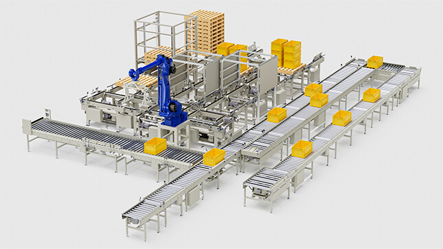 Streamline your material handling with Chain We's advanced palletizing system featuring a robotic arm, coupled with the efficient carton and material boxes conveying line for maximum automation and productivity.